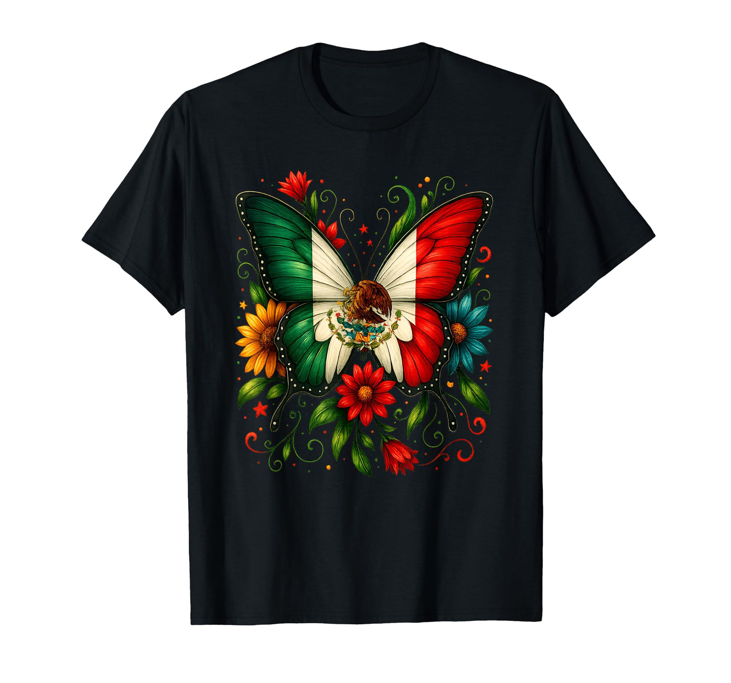 Mexico Flag Butterfly Flowers Mexican Independence Day Kids T-Shirt