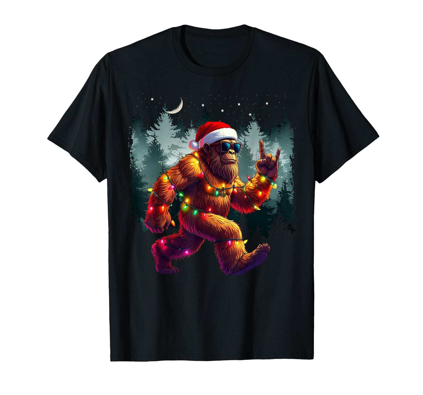 Cool Devil Horns Sasquatch Holiday Lights Christmas Bigfoot T-Shirt