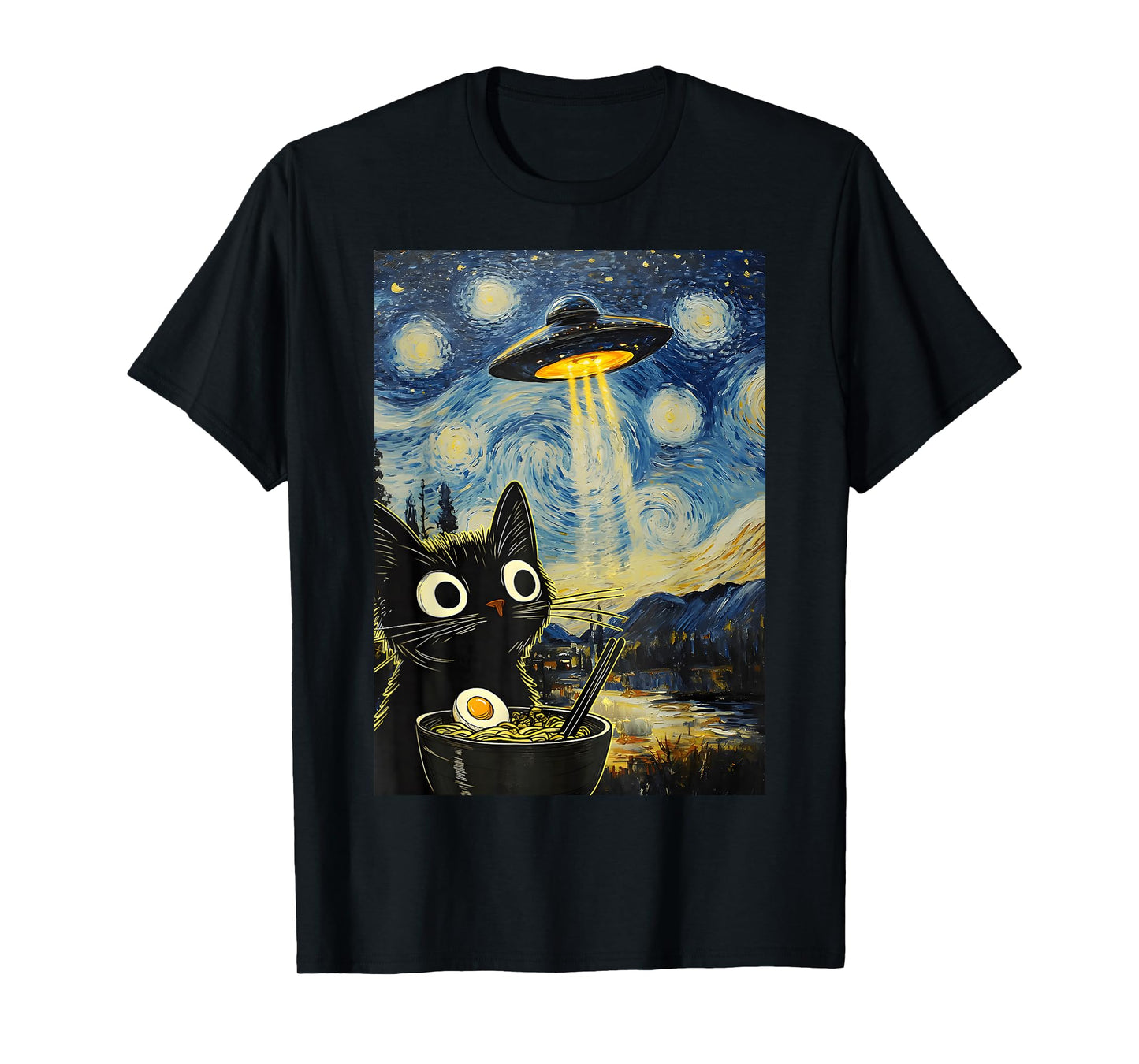 Kawaii Cat Ramen UFO Starry Night Retro Japanese Anime T-Shirt
