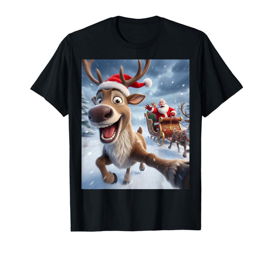 Funny Reindeer Selfie Santa Merry Christmas for Kids Xmas T-Shirt
