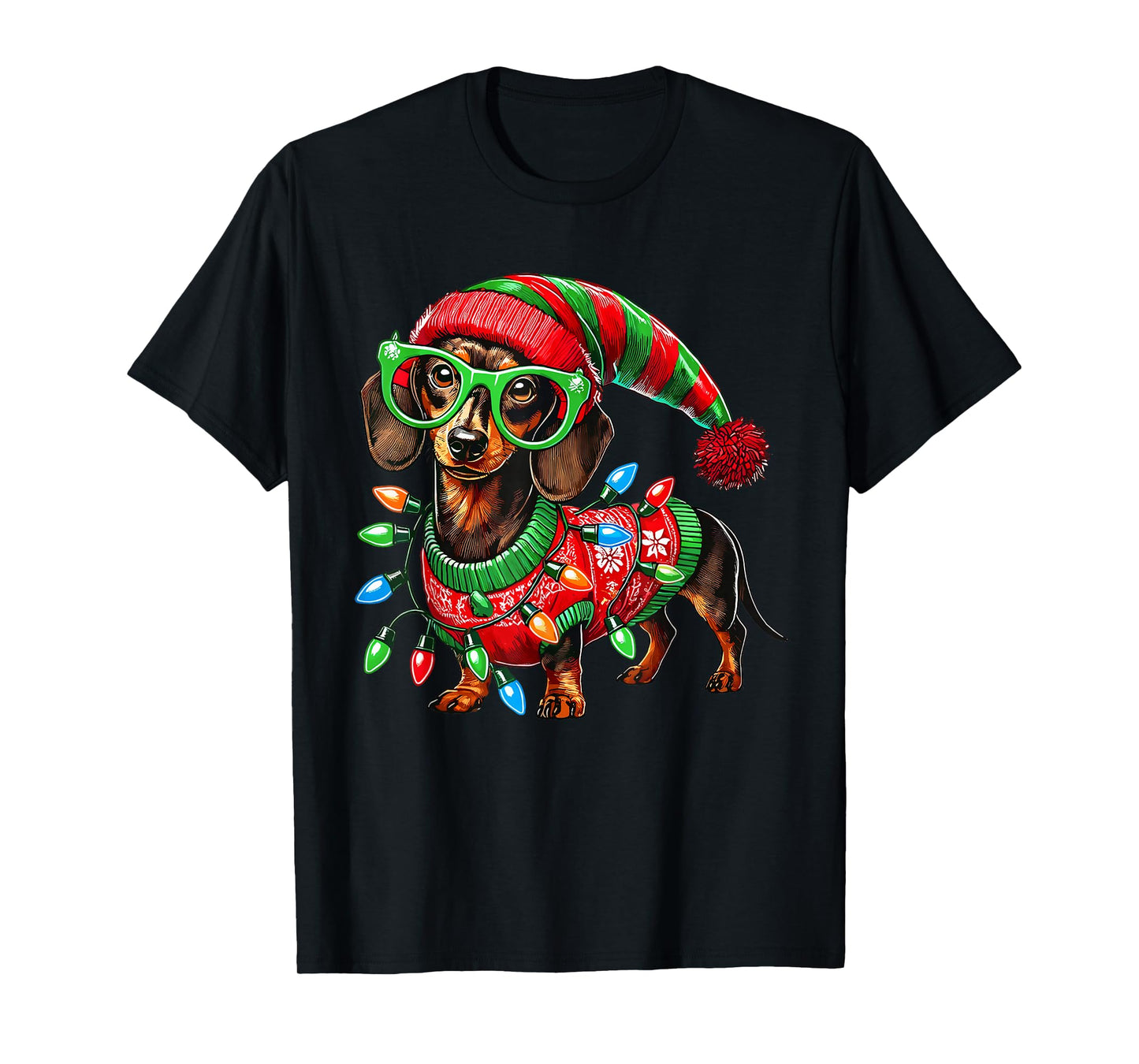Christmas Dachshund Dog Elf Costume Xmas Light Holiday T-Shirt