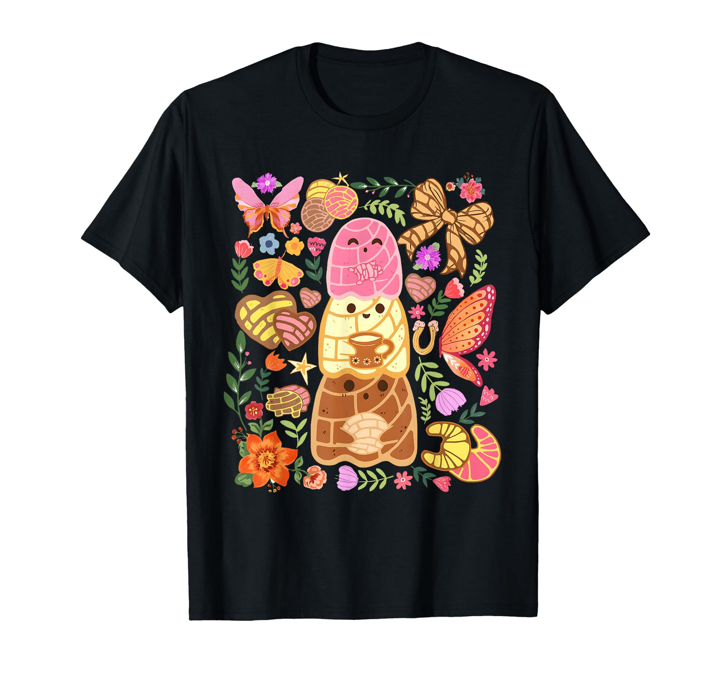 Cute Concha Bread with Butterflies and Flowers Kawaii T-Shirt