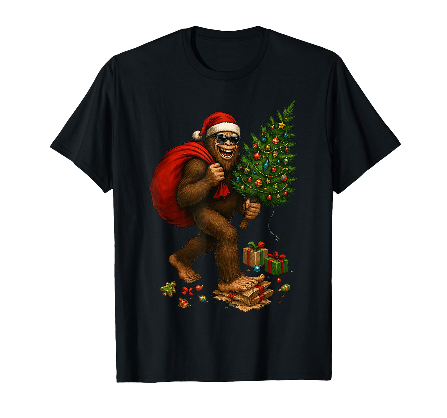 Bigfoot Santa Christmas Tree Lights Xmas Boys Men Sasquax T-Shirt