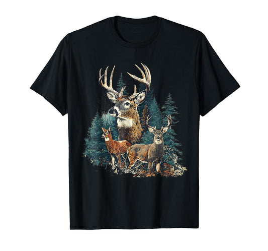 Retro Deer Hunting Mens Boys Hunter Nature Forest T-Shirt