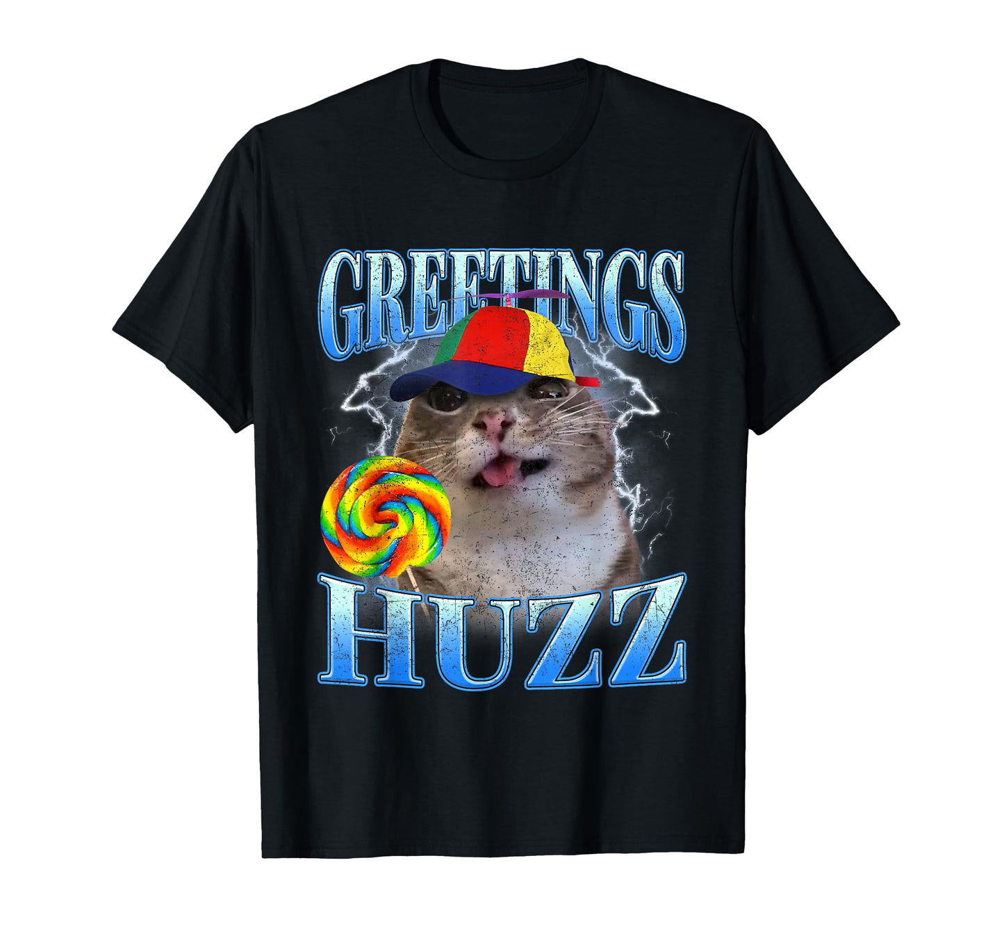Lollipop Cat Meme Greetings Huzz Retro Y2K Graphic Humor T-Shirt