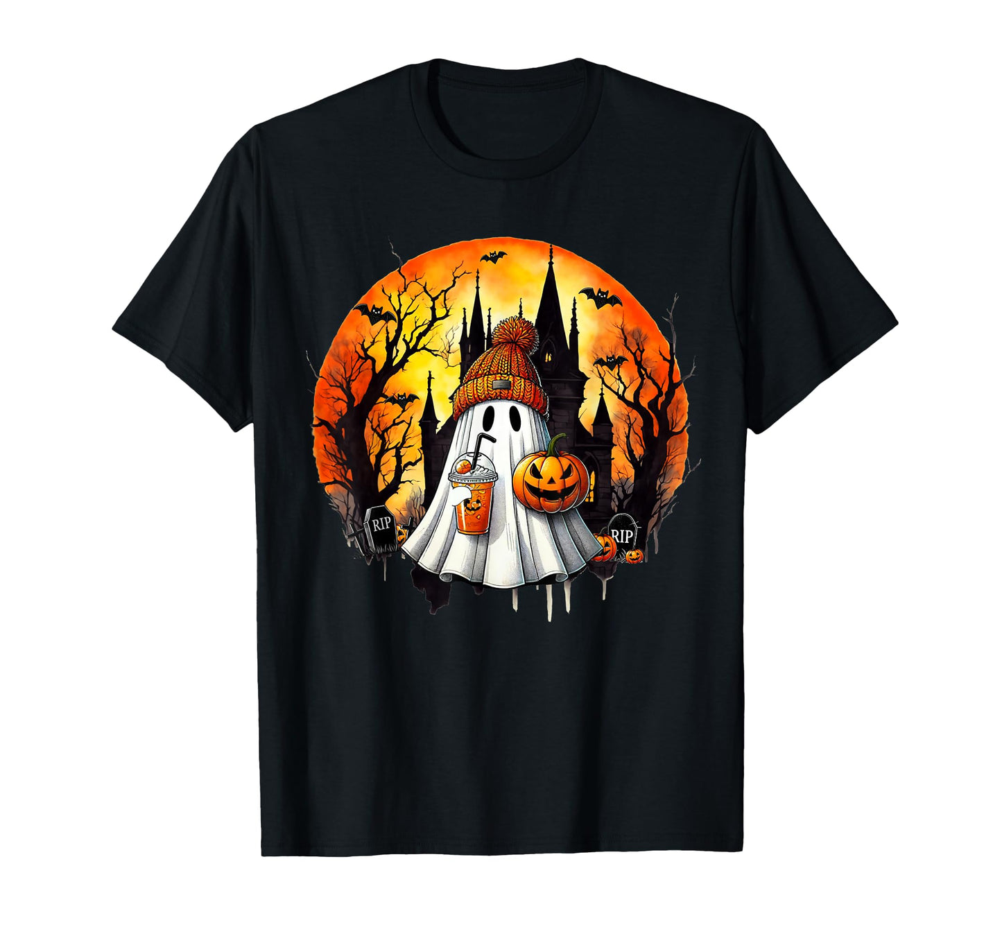 Cute Ghost Drinking Coffee Halloween Ghost Ice Coffee Womens T-Shirt