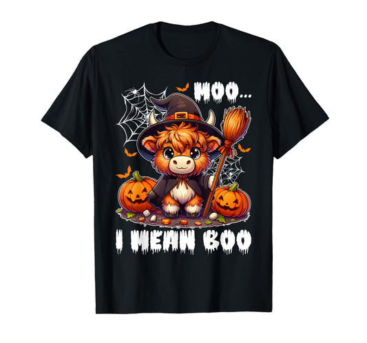 Moo I Mean Boo Highland Cow in Witch Costume Halloween Day T-Shirt