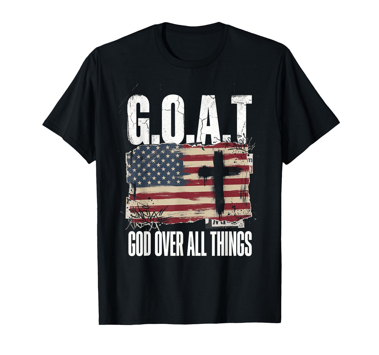 God Over All Things Goat Christian American Flag Cross T-Shirt