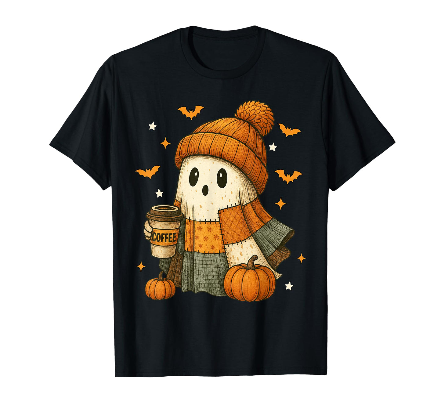 Cute Ghost Drinking Coffee Halloween Patchwork Ghost Women T-Shirt