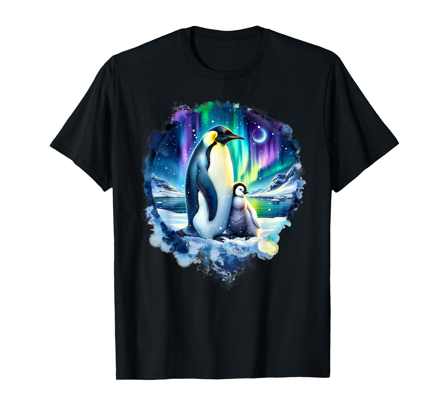 Emperor Penguin and Baby in Arctic Snow with Northern Lights T-Shirt