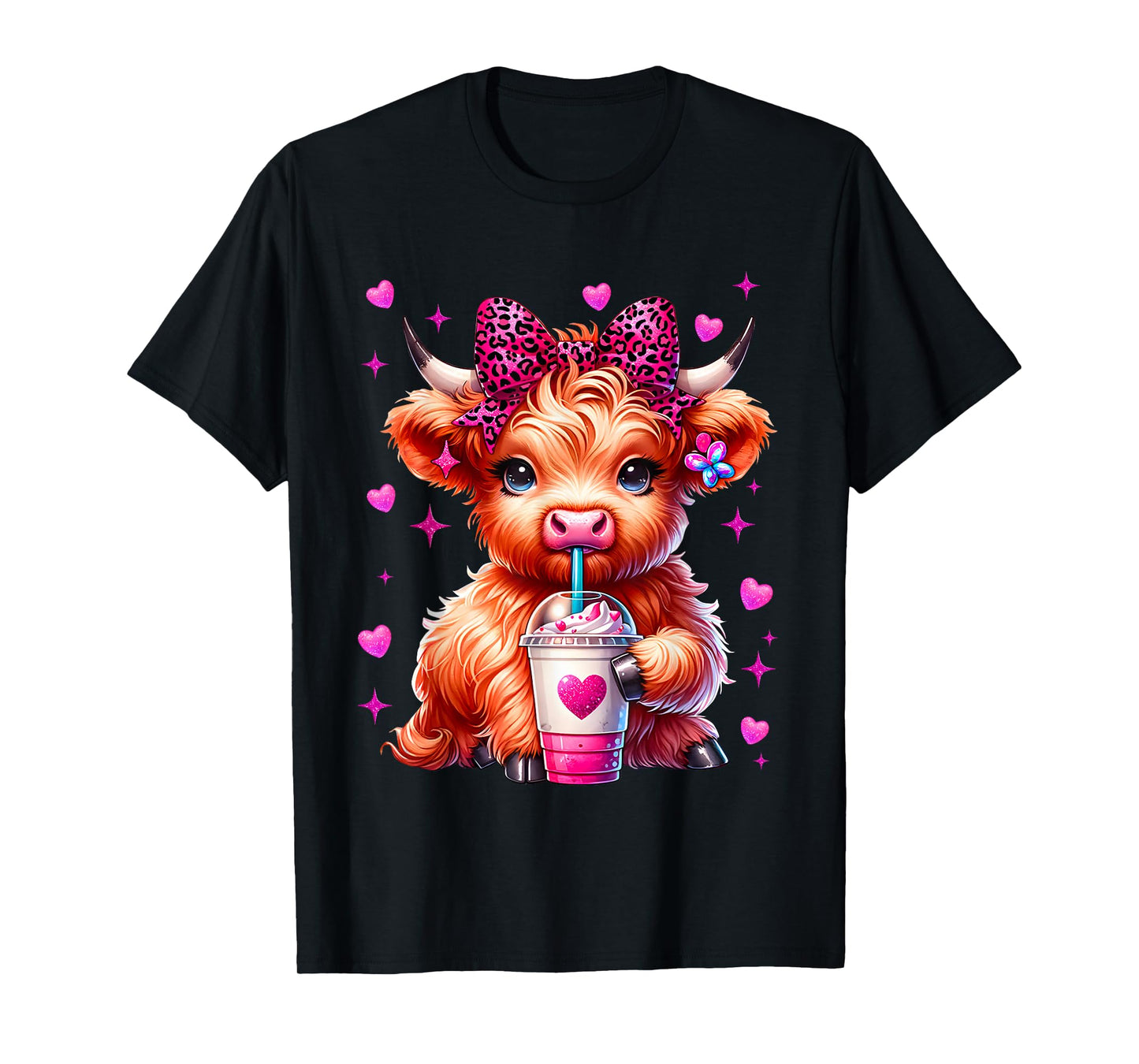 Cute Highland Cow Pink Leopard Coquette Outfit Women Girl T-Shirt