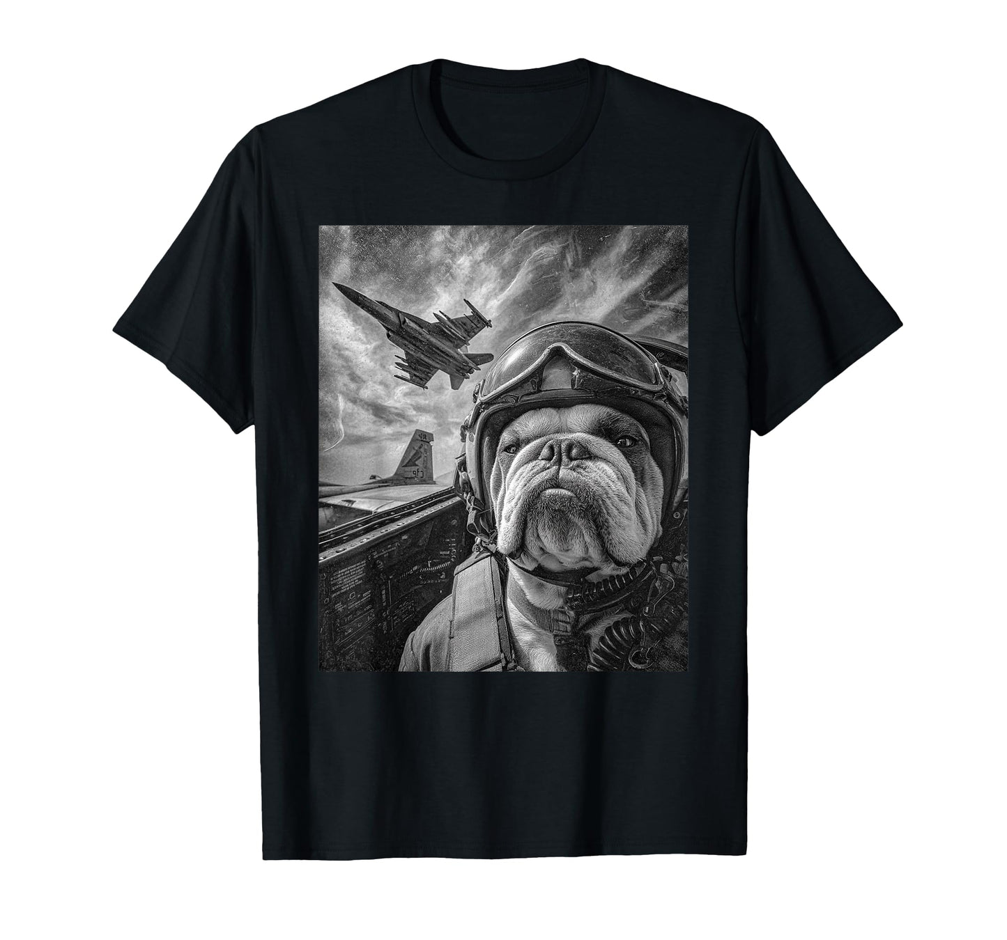 Funny English Bulldog Selfie Fighter Jet Pilot Aviation Art T-Shirt