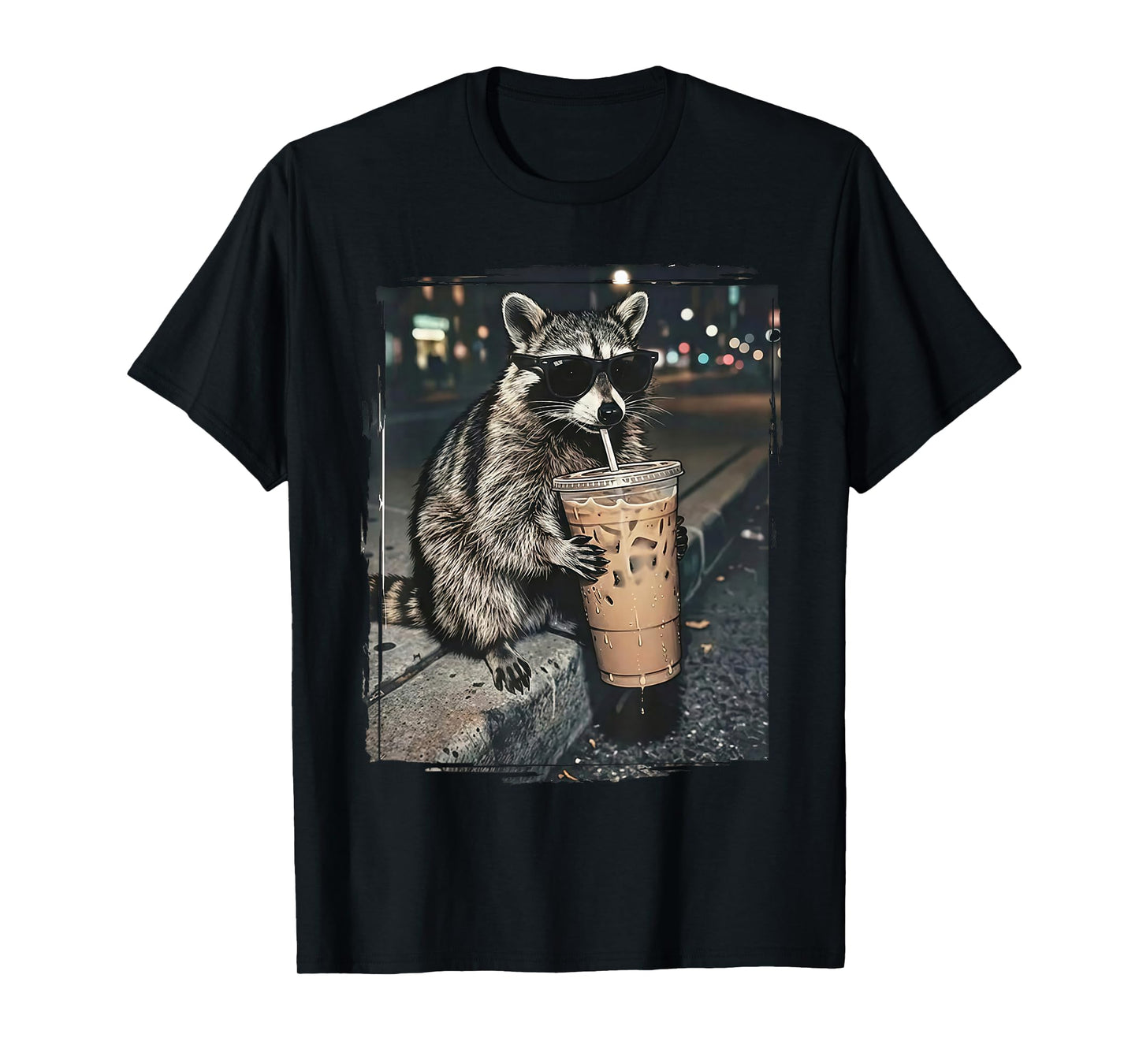 Raccoon Drinking Iced Coffee Funny Animal Meme Men Women T-Shirt