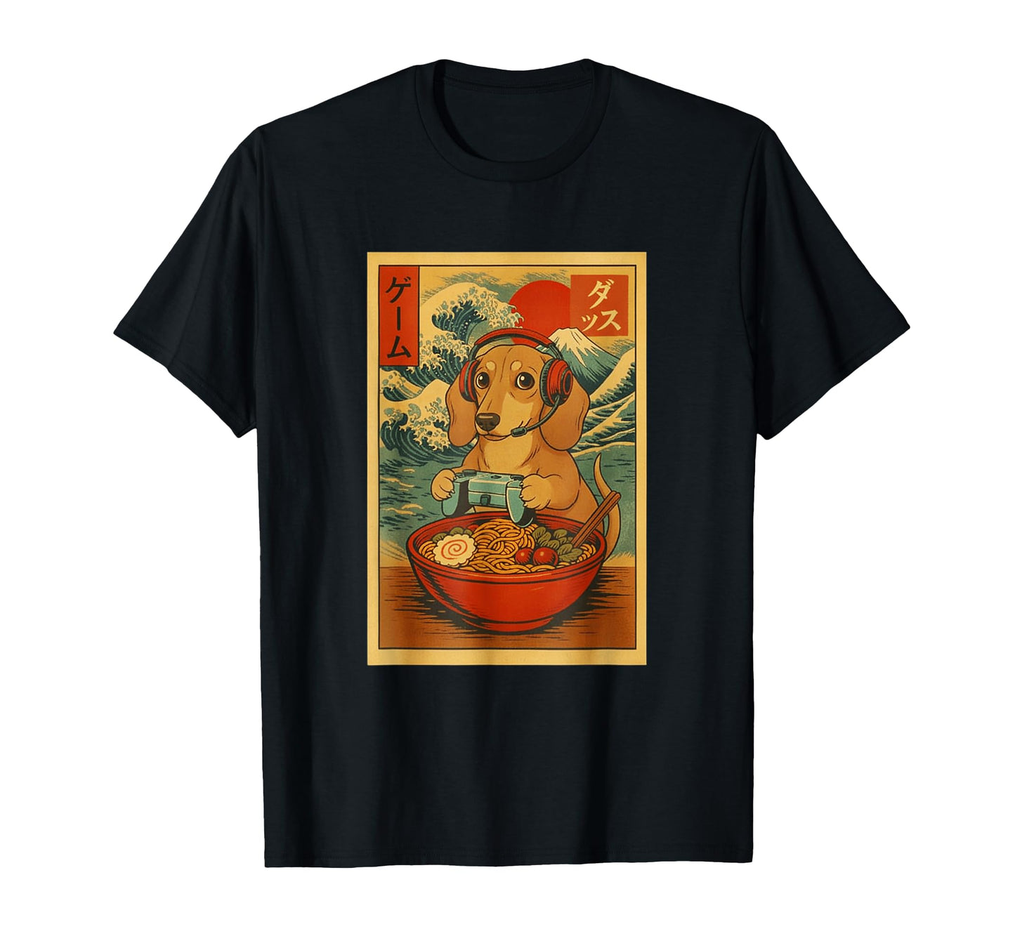 Dachshund Gaming Ramen Japanese Ukiyo-e Great Wave Retro Art T-Shirt