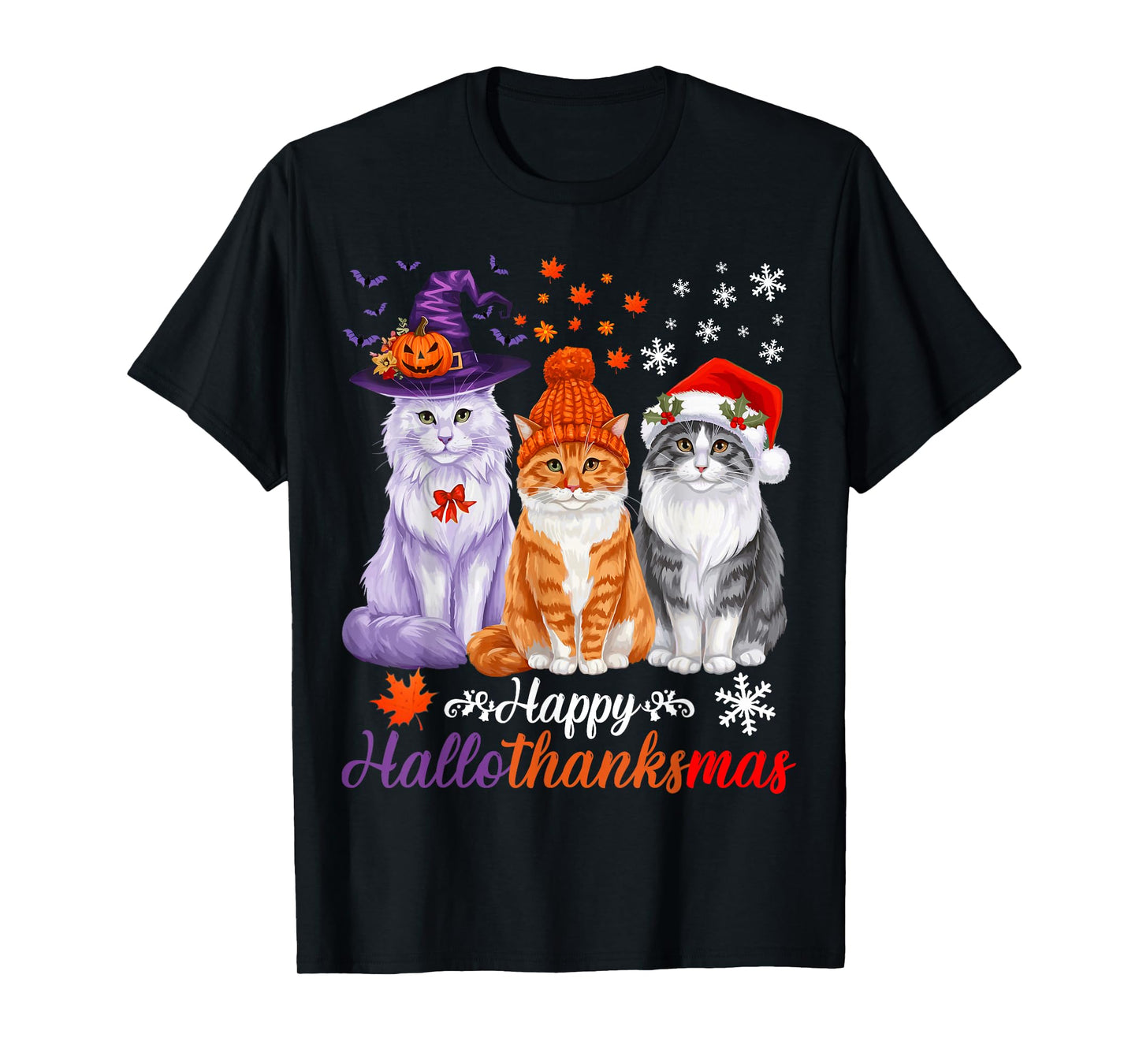 Happy HalloThanksMas Cats Halloween Thanksgiving Christmas T-Shirt
