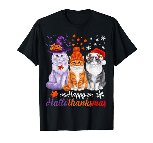 Happy HalloThanksMas Cats Halloween Thanksgiving Christmas T-Shirt