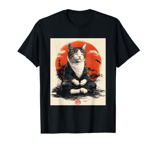 Zen Cat T-Shirt - Meditating Japanese Art Style Graphic Tee Men Women Kids T-Shirt