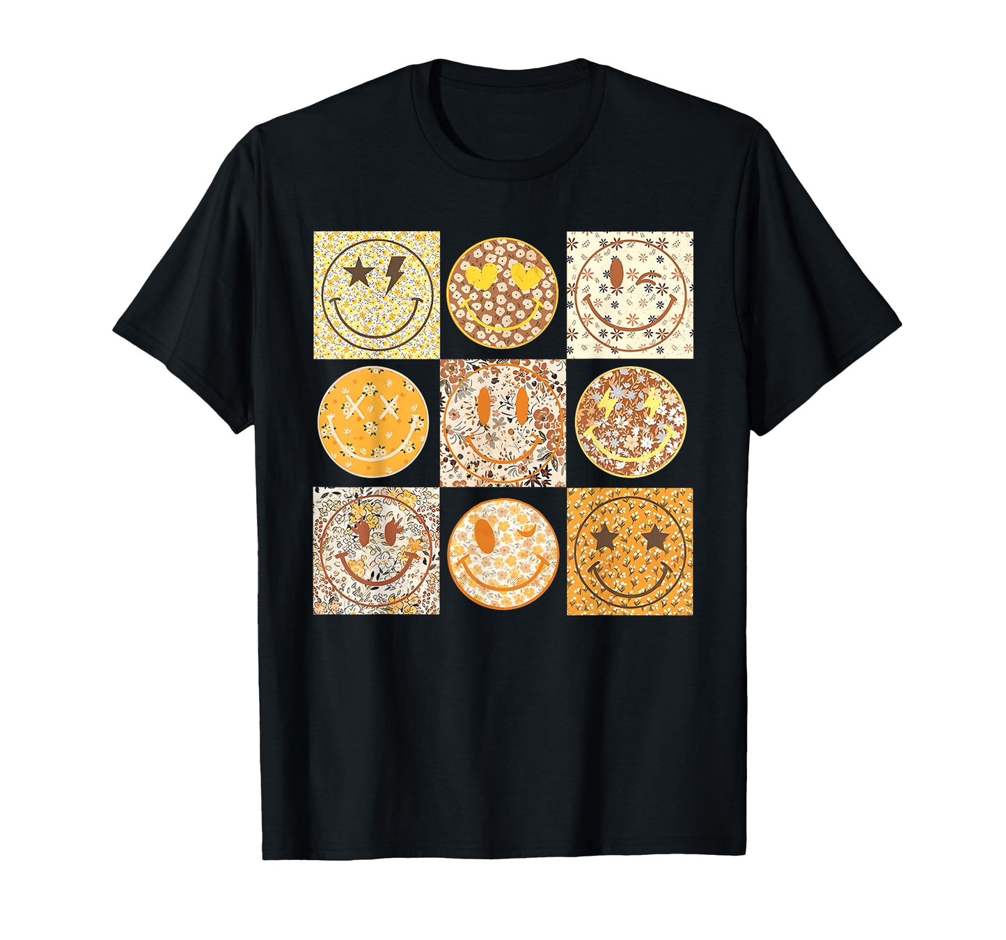 Fall Happy Face Checkered Pattern Smile Face Floral T-Shirt