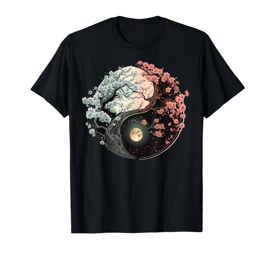 Taoism Yin Yang Cherry Blossom on Taijitu Yin Yang T-Shirt
