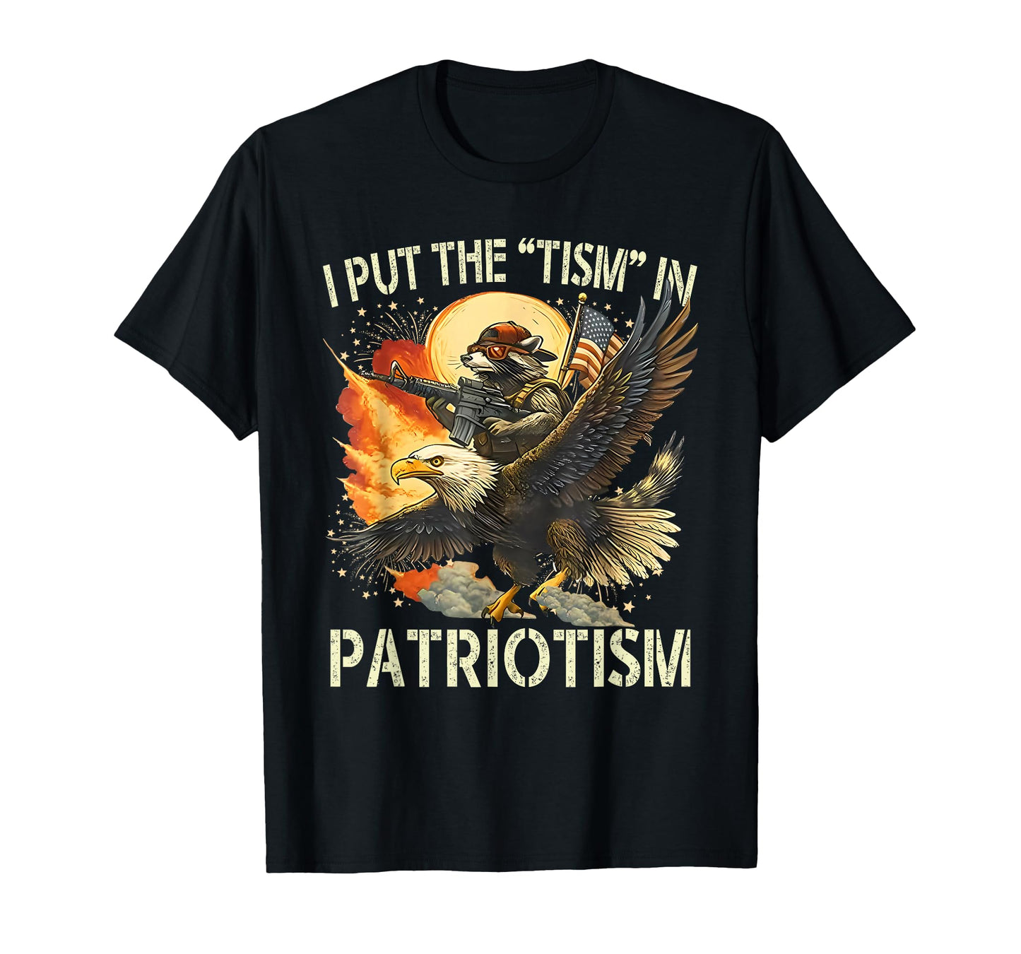 I Put The “Tism” in Patriotism Retro Eagle Raccoon USA Flag T-Shirt