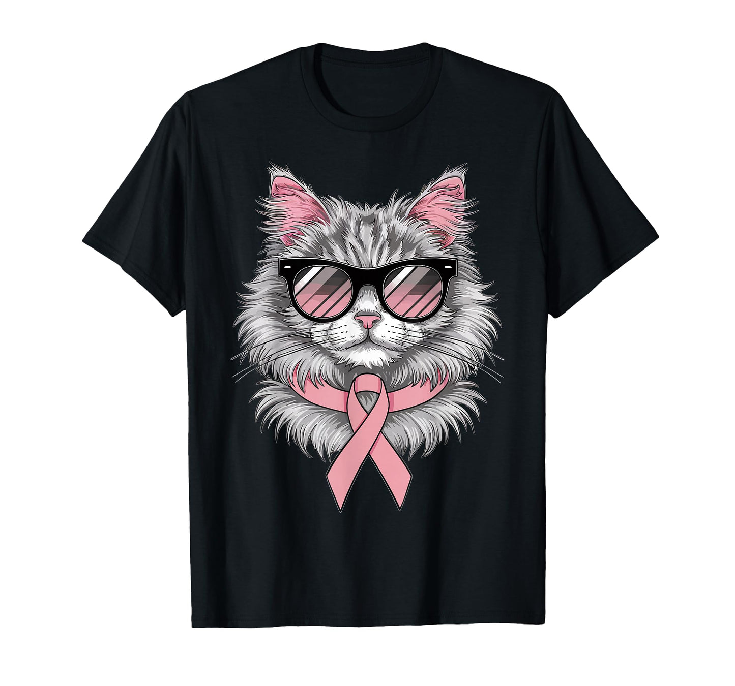 Cat Breast Cancer Awareness Cool Pink Ribbon Support T-Shirt