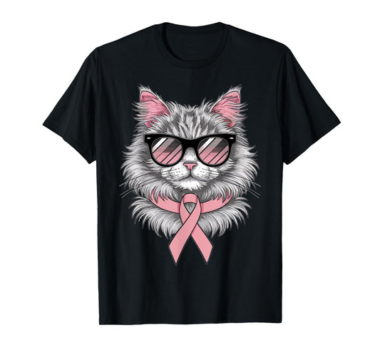 Cat Breast Cancer Awareness Cool Pink Ribbon Support T-Shirt