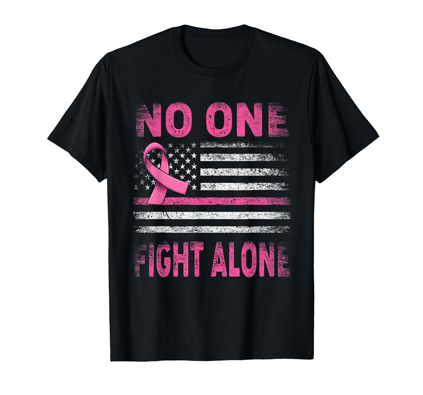 No One Fights Breast Cancer Alone American Flag Pink Ribbon T-Shirt
