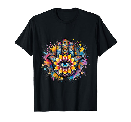 Beautiful Hamsa Hand Colorful with Fatima Eye and Lotus T-Shirt
