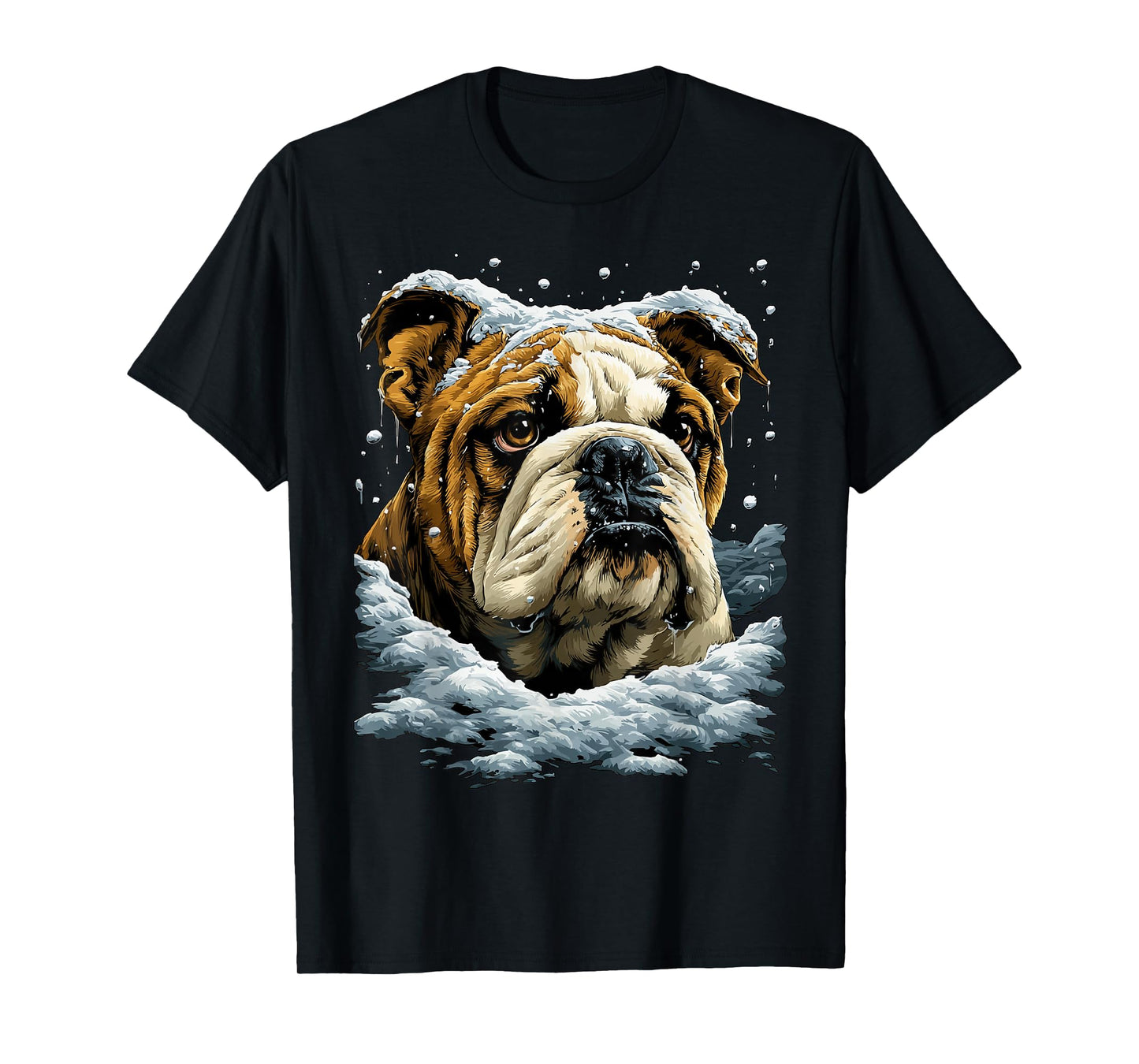 Snowy British Bulldog with Snow and Snowflakes Winter Dog T-Shirt