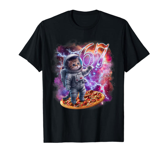 Funny Cat Flying A Pizza Astronaut Kitten Space 67 Meme T-Shirt