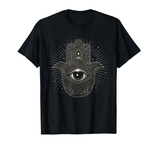 Khamsah or Hand of Fatima on Black and White Hand of Hamsa T-Shirt