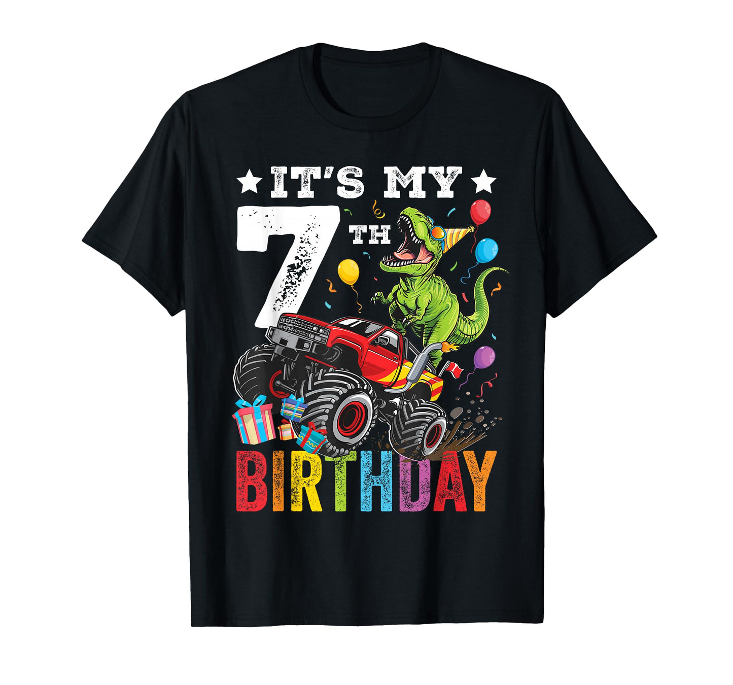 Seven 7th Birthday Dinosaur Monster Truck T-Shirt
