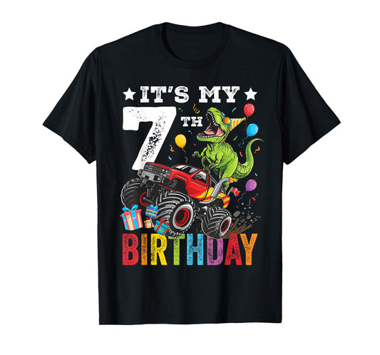 Seven 7th Birthday Dinosaur Monster Truck T-Shirt