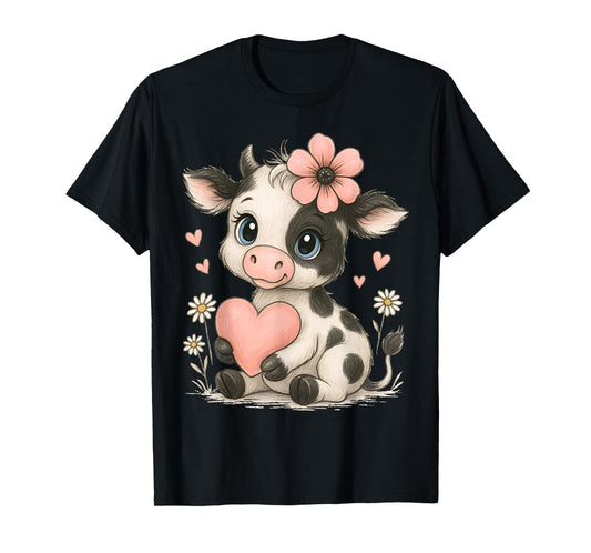 Adorable Baby Cow With Pink Flower Holding Heart Floral T-Shirt