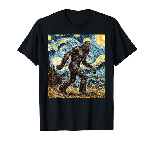 Funny Bigfoot Starry Night Sasquatch Van Gogh Sky Painting T-Shirt