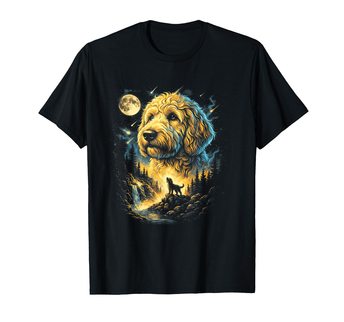 Golden Doodle Howling to The Moon Fantasy Dog Art T-Shirt