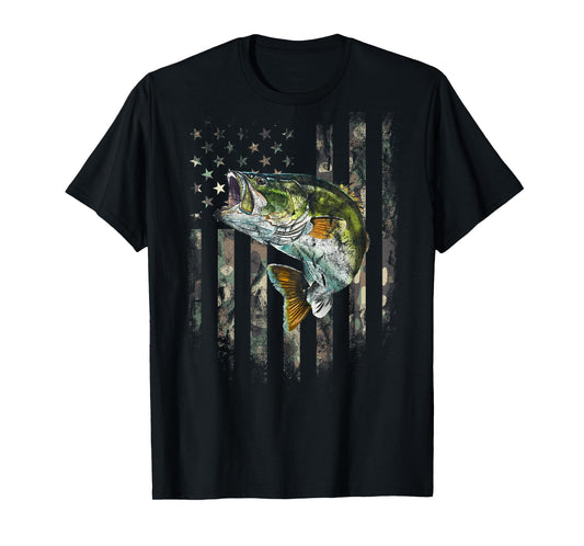 (Art on Back) American Flag Camo Bass Fish Fishing T-Shirt
