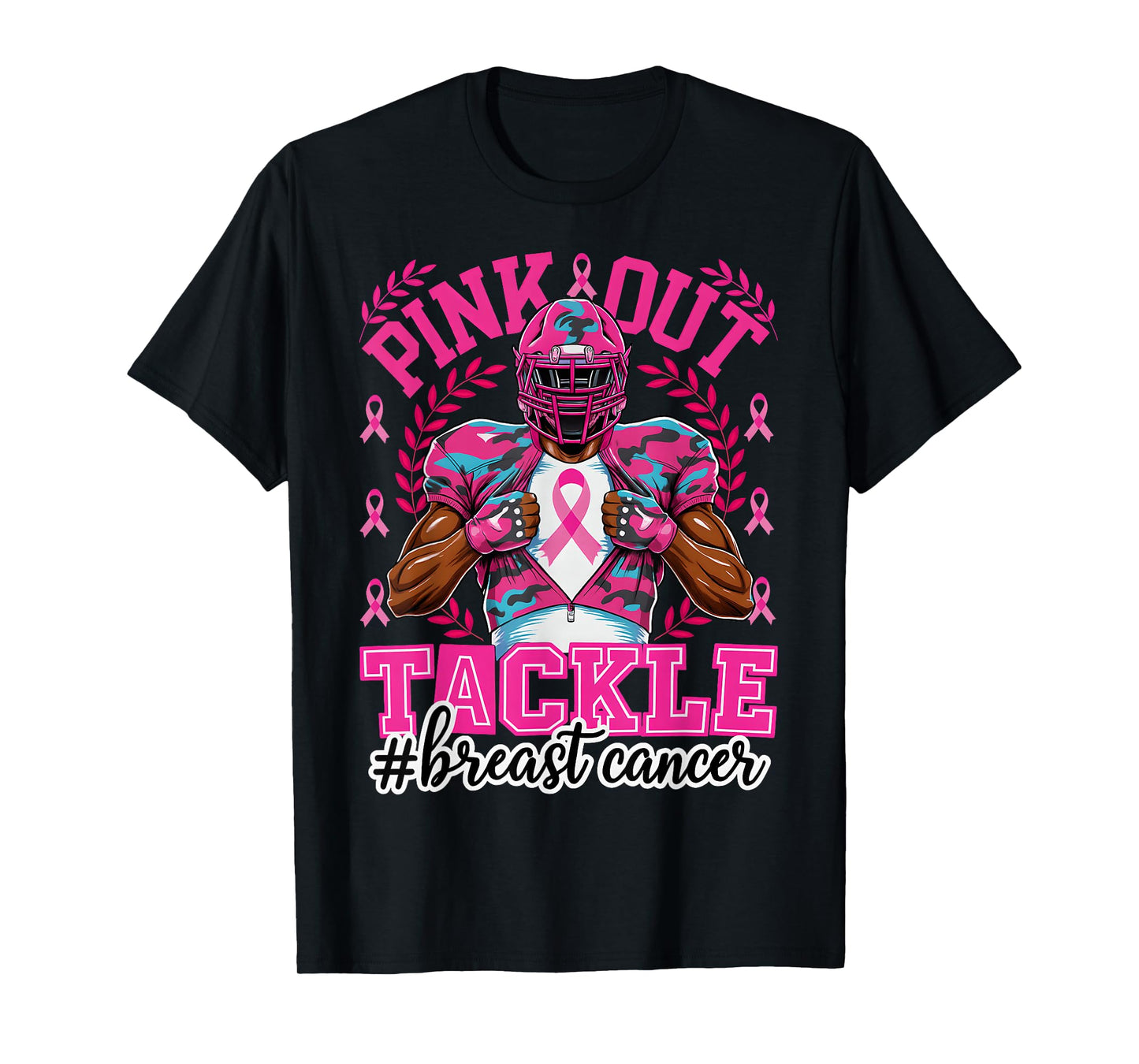 HUGvyn Breast Cancer: Pink Out Tackle Football Pink Ribbon T-Shirt