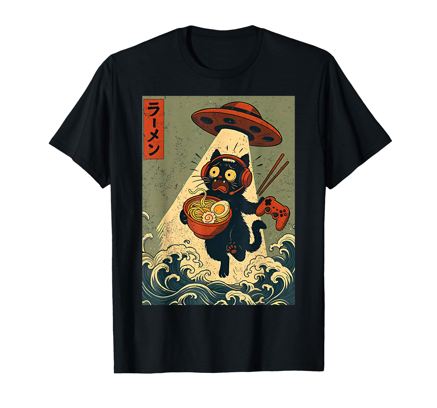 Cute Kawaii Gamer Cat Funny Ramen Retro Japanese Cat Gaming T-Shirt