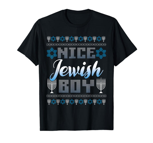 Nice Jewish Boy Funny Hanukkah Menorah Ugly Christmas T-Shirt