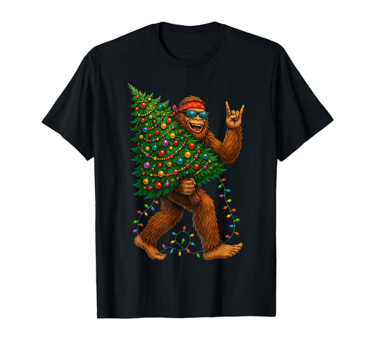 Rockin Christmas Bigfoot Carrying Tree Fun Xmas Rock n Roll T-Shirt