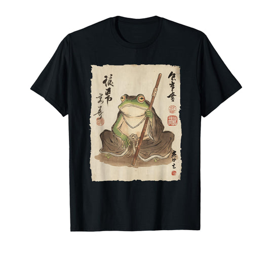Frog Monk with Staff Japanese Ink Art for Men Women Kids T-Shirt