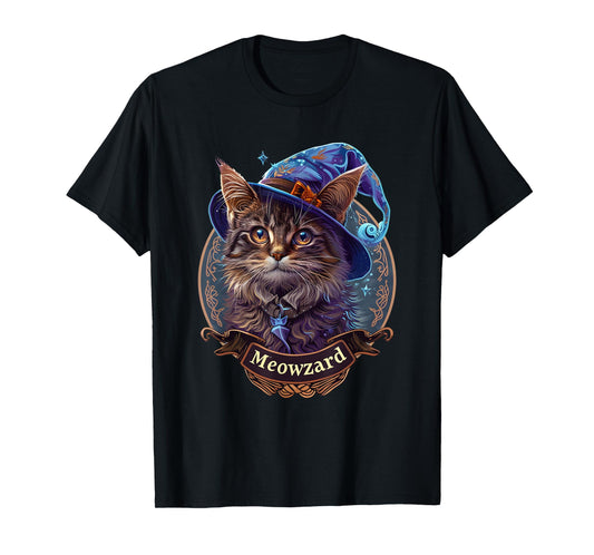 Magical Meowzard: Enchanting Cat Wizard Illustration T-Shirt