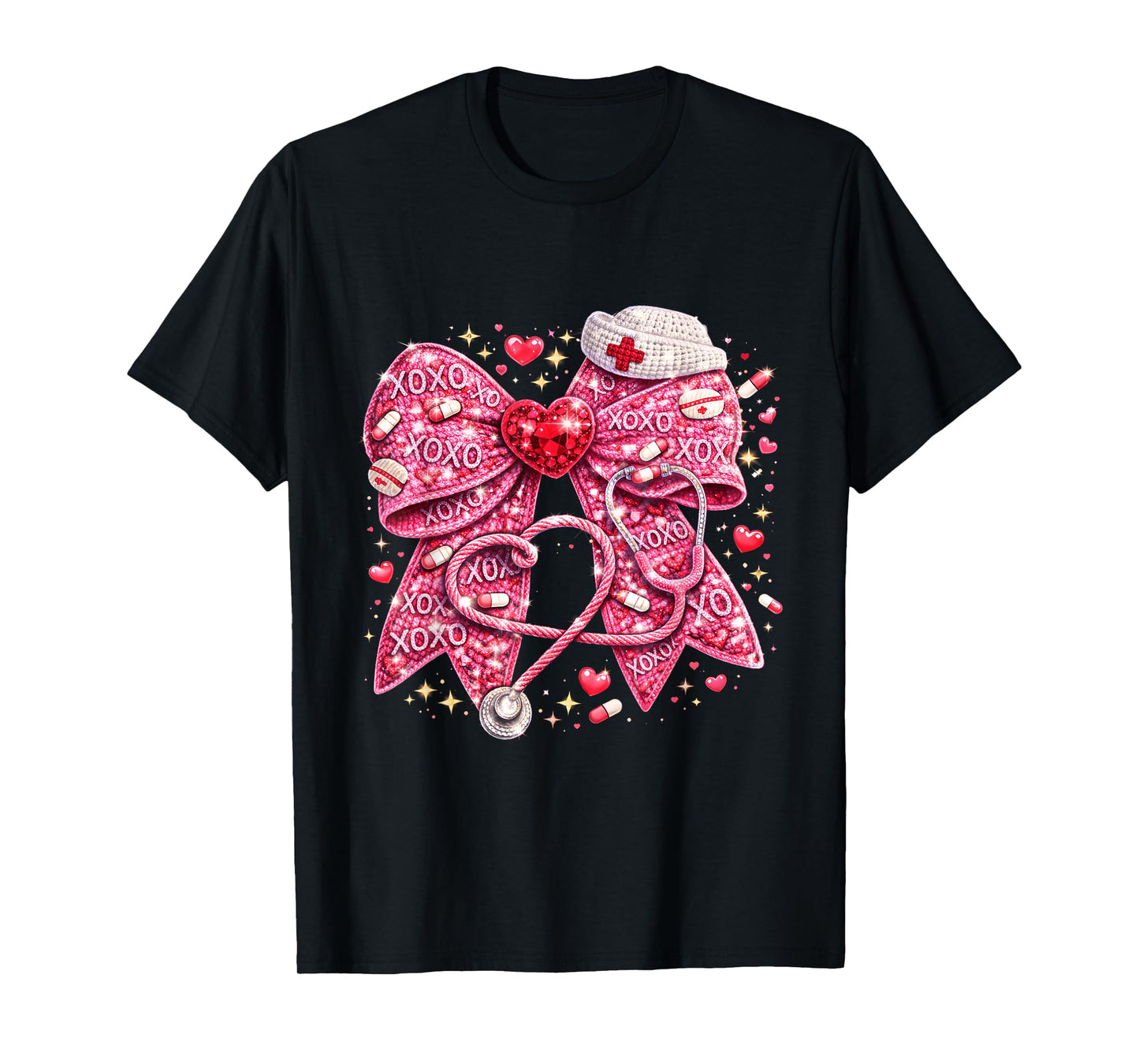 Sparkly Nurse Valentine Bow Design Cute Medical Love Art T-Shirt