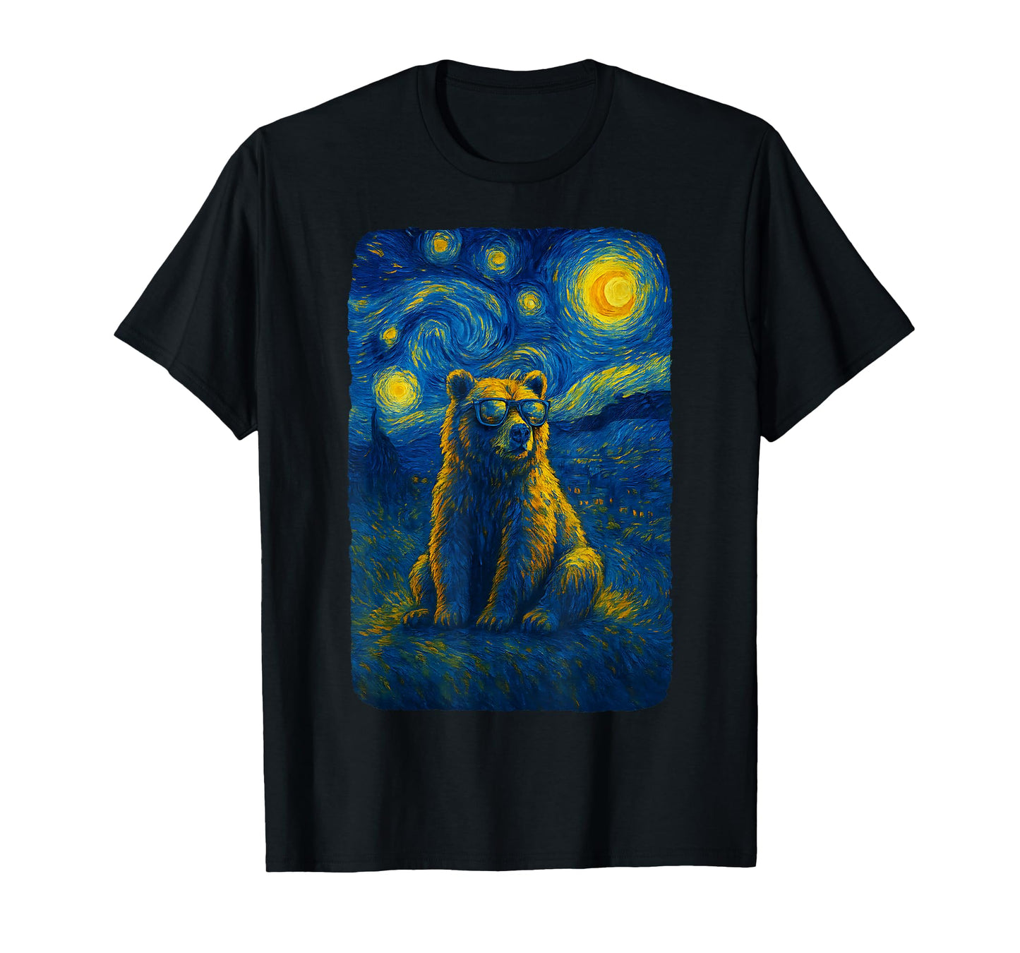 Bear Starry Funny Night Grizzly Bear in Sunglasses Van Gogh T-Shirt