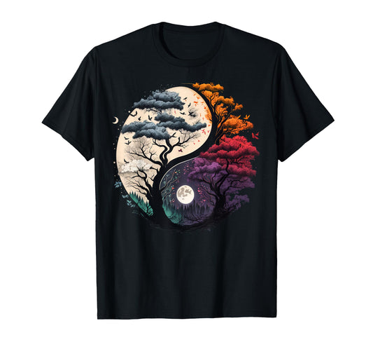 Harmony Feng Shui Taoist Yin Yang Balance symbol Unisex Adults Black Tree of Life Yin Yang T-Shirt Small (6/8) Short Sleeve
