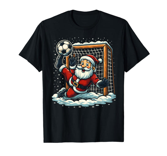Santa Claus Soccer Goalie Sports Playing Christmas Snow Xmas T-Shirt