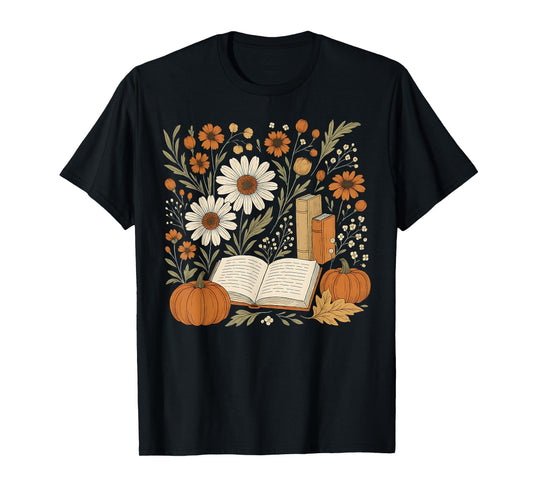 Reading Book Pumpkin Wildflower Fall Reader Bookish Autumn T-Shirt