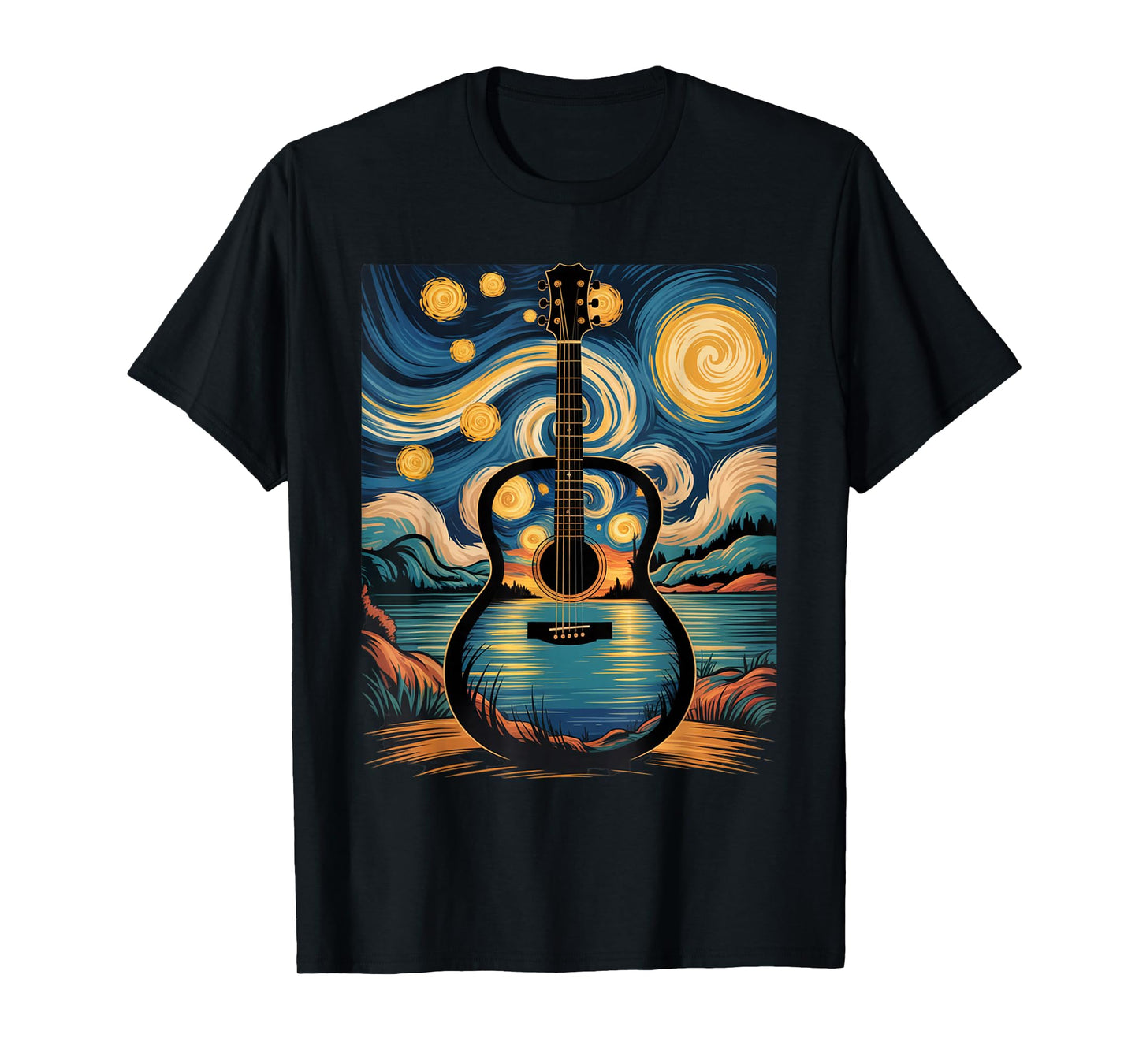 Guitar Lake Starry Night Music Guitarist Van Gogh Funny Gift T-Shirt