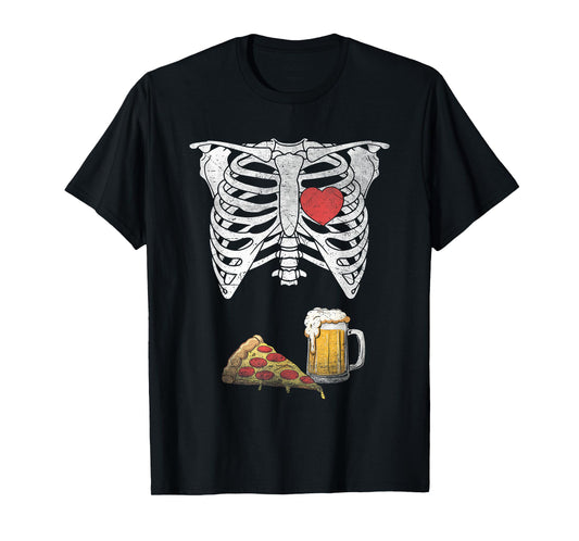 Dad Skeleton Halloween Beer Pizza Funny Pregnancy Couple Men T-Shirt